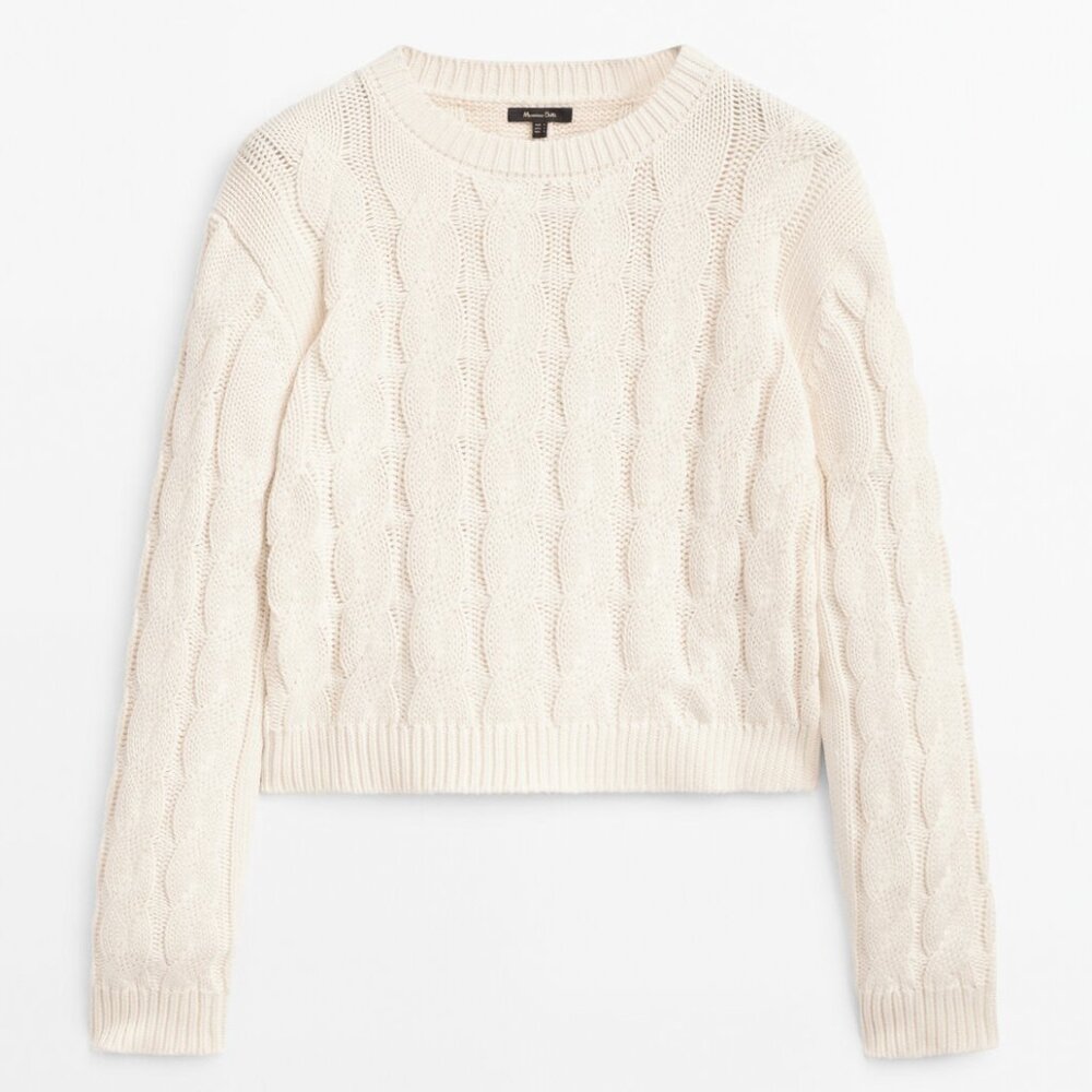 Massimo Dutti Cream Cable Knit Crewneck Sweater